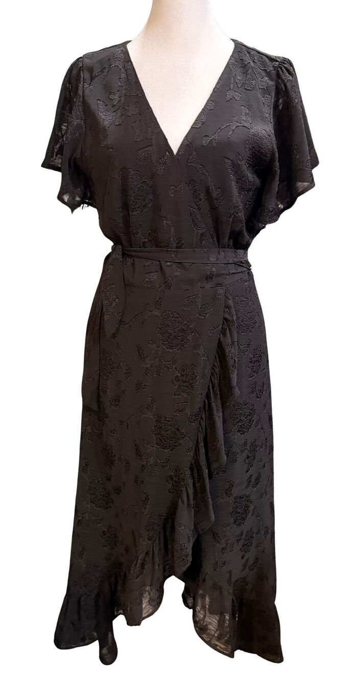 Francesca's Women's Velvet Rose Burnout Ruffle Wrap Maxi Dress M Black Coquette